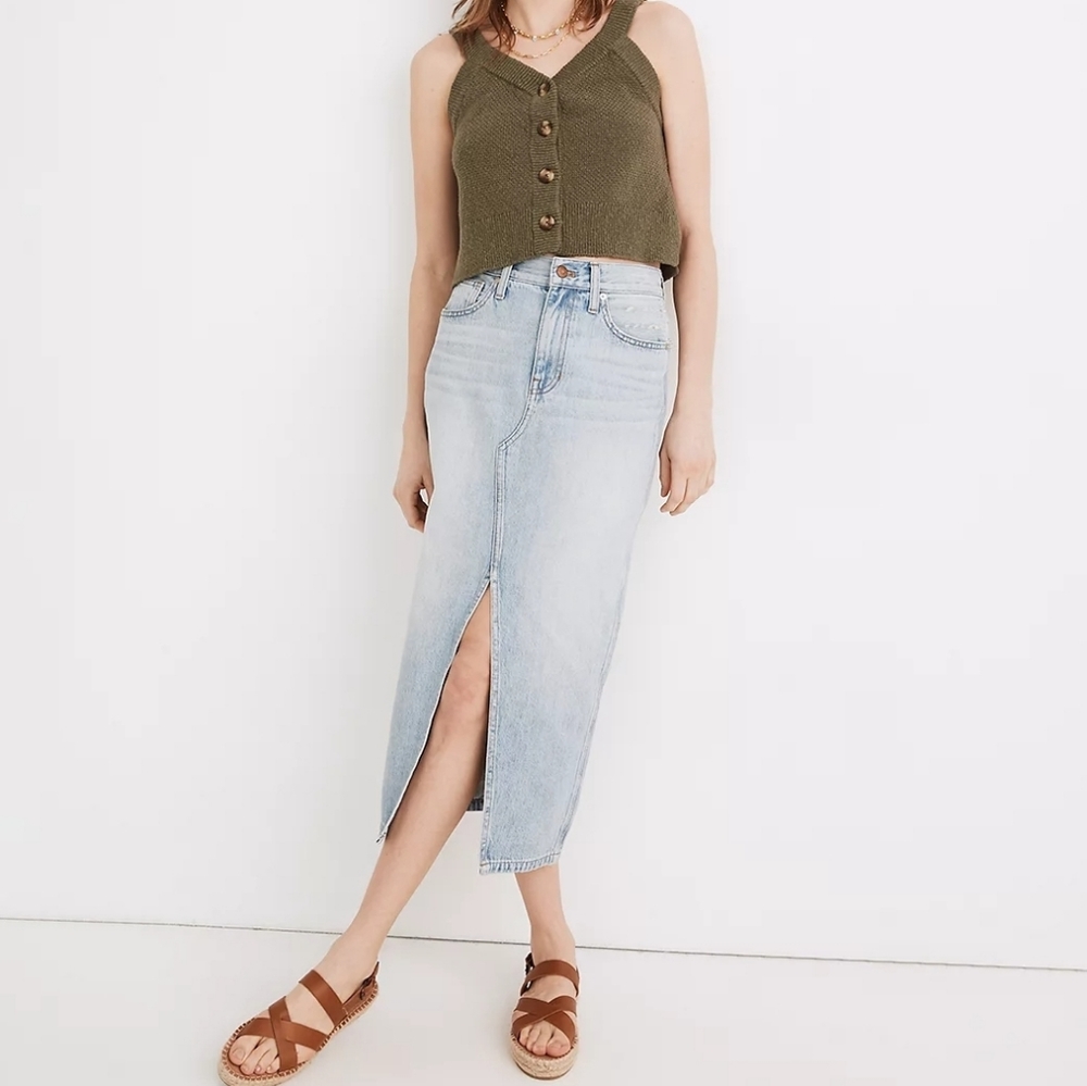 Madewell Rigid A-Line Midi Skirt in Woodley Wash
